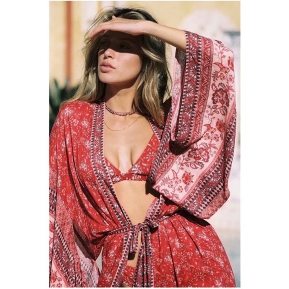 Boho Red Floral Print Kimono Sleeve Belted Cover Up - Picture 3 of 8